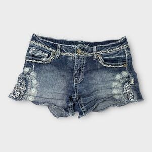 Maurices Embellished Jean Shorts 5/6 Distressed Boho Raw Hem Western Festival